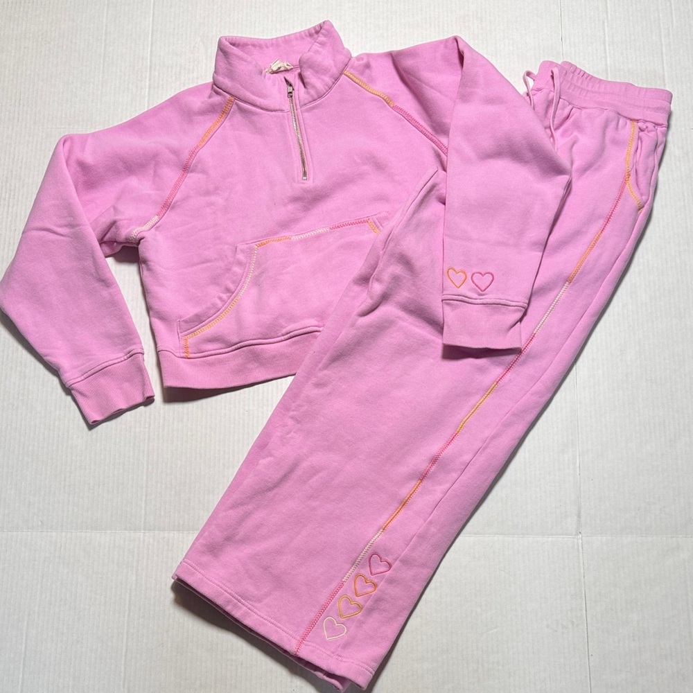 ROLLER RABBIT Hudson Pink Sweatsuit 2 Piece Rainbow Heart Pullover Sweat Pants S